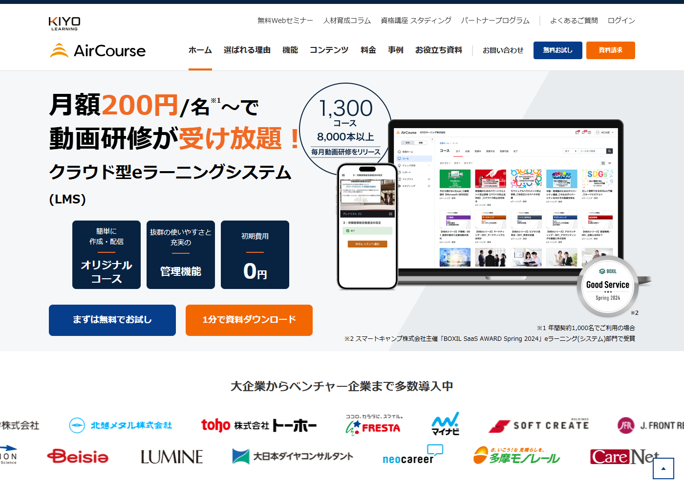 AirCourseの公式トップページ。月額200円/名から動画研修が受け放題であること、1,300コース8,000本以上であること、初期費用0円であることが掲示されている