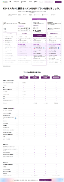 Slackの料金ページの機能比較表の画面。メッセージおよびファイルの履歴やセキュリティの項目が、フリー・プロ・ビジネスプラス・Enterprise+の4プランで並んでいる