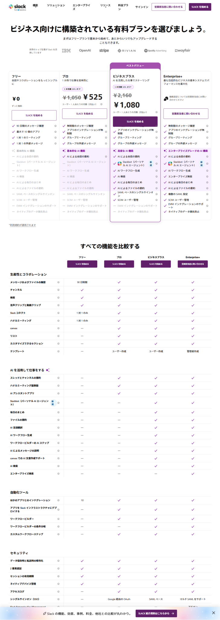 Slackの料金ページの機能比較表の画面。メッセージおよびファイルの履歴やセキュリティの項目が、フリー・プロ・ビジネスプラス・Enterprise+の4プランで並んでいる