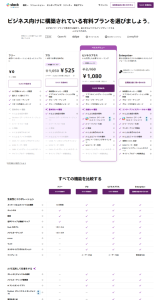 Slackの公式料金ページの画面。フリー0円で90日間のメッセージ履歴、プロ、ビジネスプラス、Enterprise+の4プランと機能比較表が並んでいる