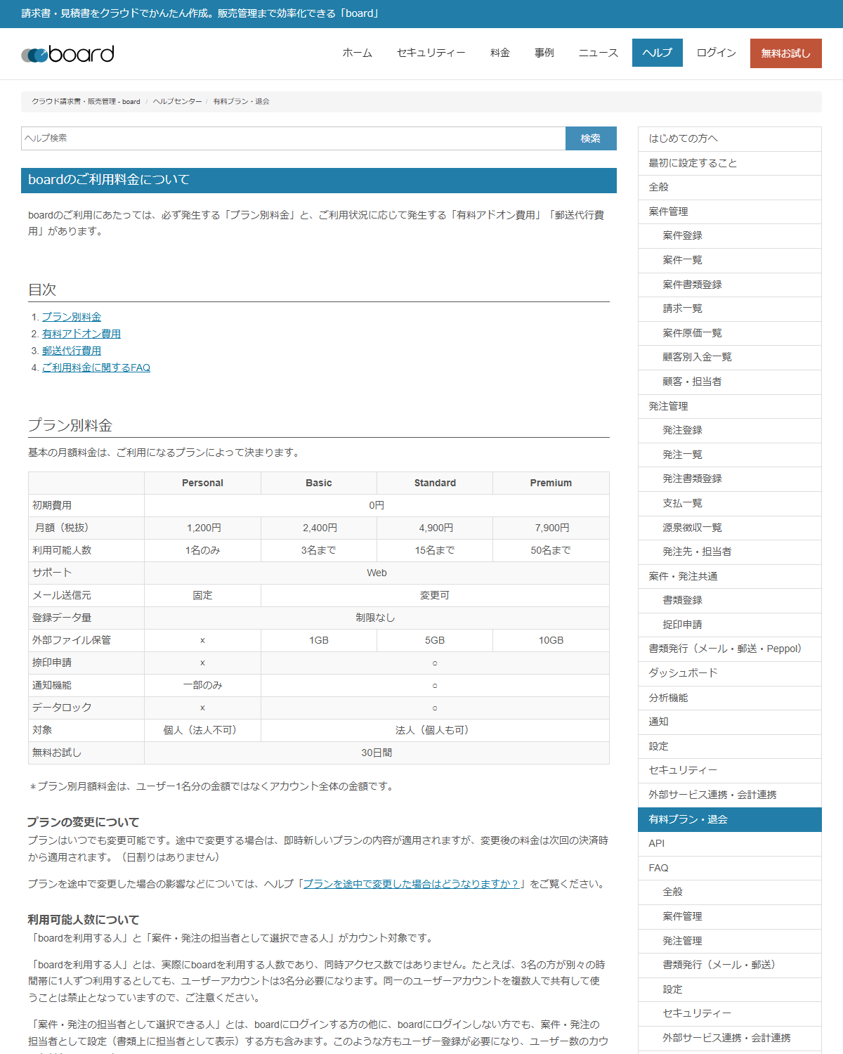 boardの公式ヘルプに掲載された利用料金のページ。プラン別の月額料金と利用可能人数の表が表示されている画面
