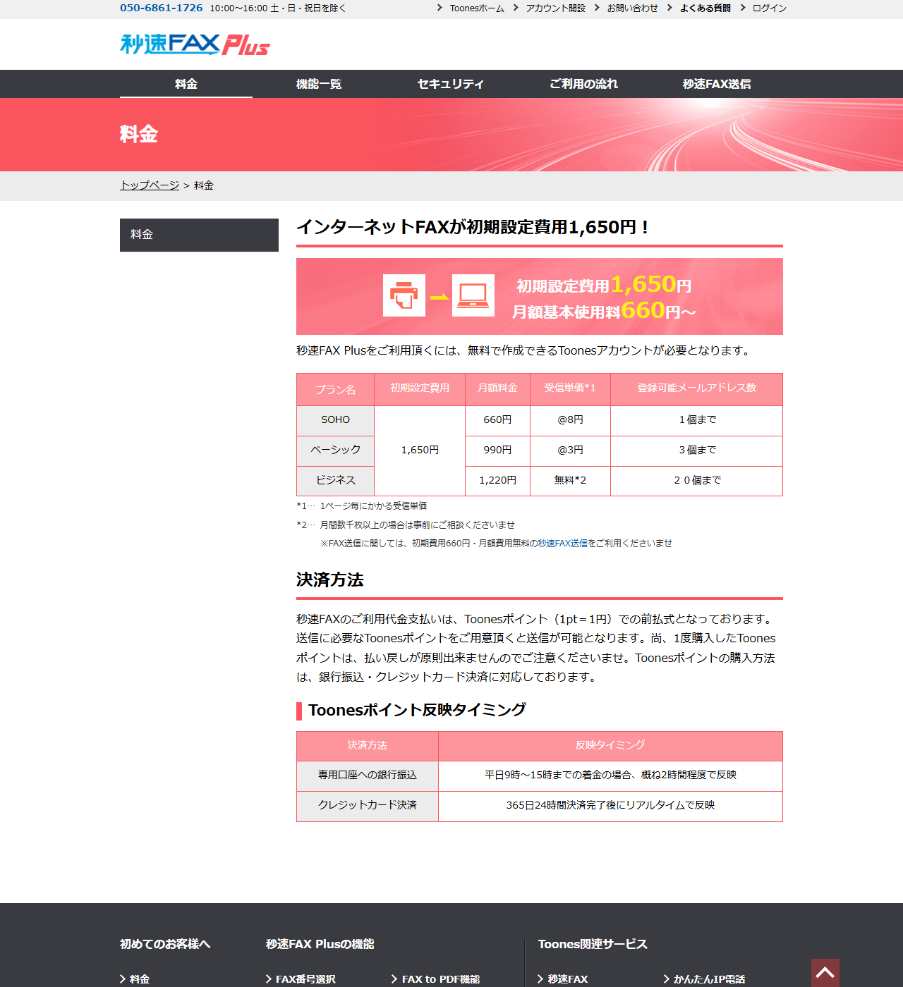 秒速FAX Plusの公式サイトの料金ページの画面。初期設定費用1,650円、月額基本使用料660円～と書かれ、プラン表にSOHO 月額660円・受信単価8円・登録可能メールアドレス数1個まで、ベーシック 990円・3円・3個まで、ビジネス 1,220円・無料・20個までと並び、決済方法としてToonesポイント（1pt＝1円）での前払式であることが記載されている