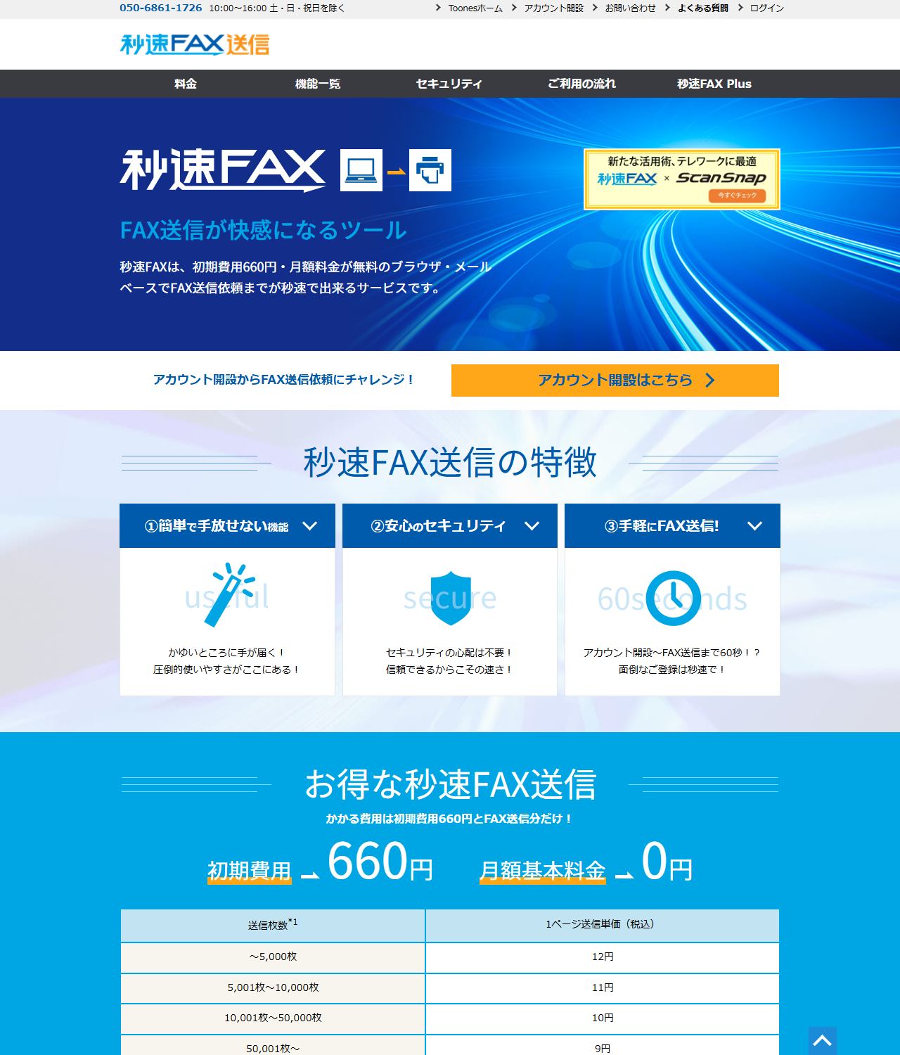 秒速FAX送信の公式サイトの画面キャプチャ。初期費用660円・月額基本料金0円と書かれ、送信枚数ごとの1ページ送信単価（税込）として〜5,000枚12円、5,001枚〜10,000枚11円、10,001枚〜50,000枚10円、50,001枚〜9円の表が掲載されている