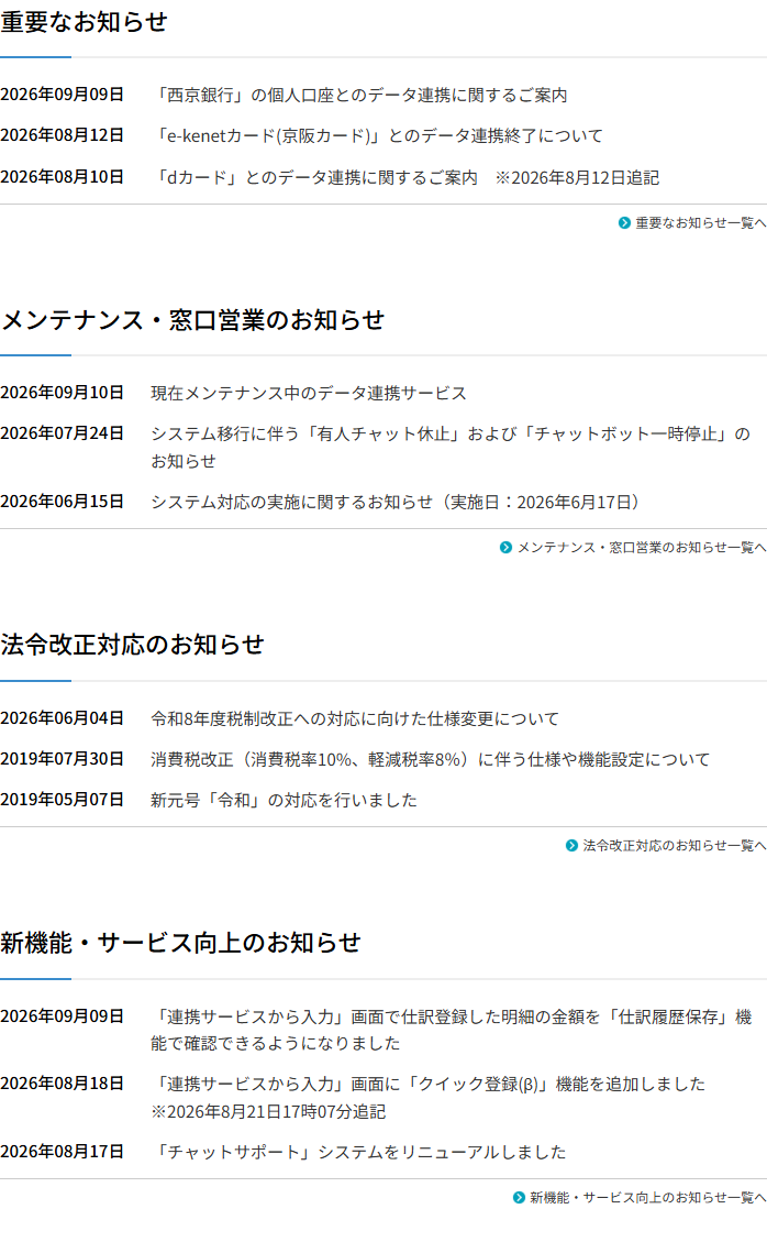 マネーフォワード クラウド会計のサポートサイトに掲載された、重要なお知らせ・メンテナンス・法令改正対応・新機能の4区分のお知らせ一覧の画面