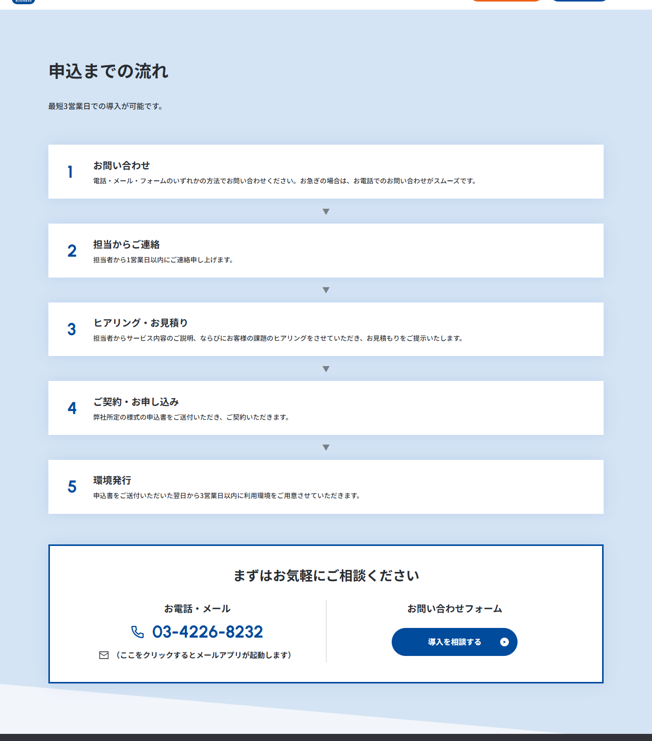 CAMCARD BUSINESSの申込までの流れ。最短3営業日での導入が可能と書かれ、お問い合わせ、担当からご連絡、ヒアリング・お見積り、ご契約・お申し込み、環境発行の5段階が並んでいる
