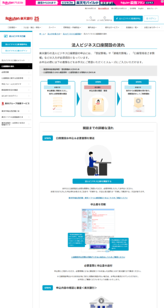 楽天銀行の法人ビジネス口座開設の流れを説明した公式画面