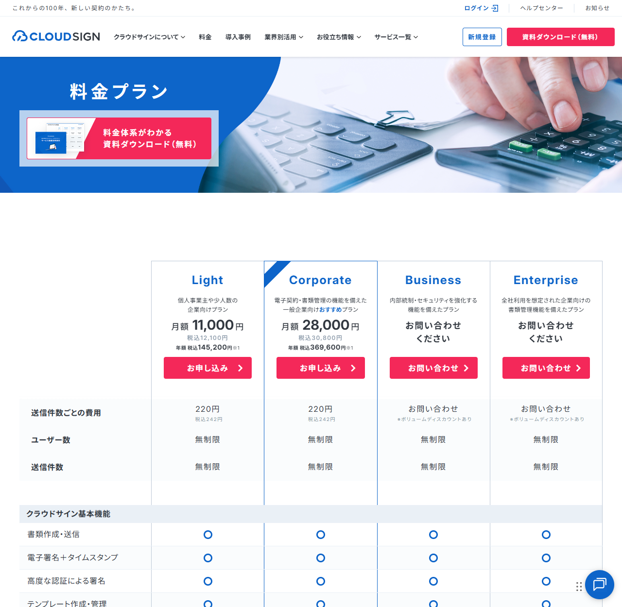 クラウドサインの料金プランページの画面キャプチャ。企業向けプランが月額11,000円で税込12,100円、年額税込145,200円、一般企業向けおすすめプランが月額28,000円で税込30,800円、年額税込369,600円と並び、送信件数ごとの費用が220円税込242円と表示されている