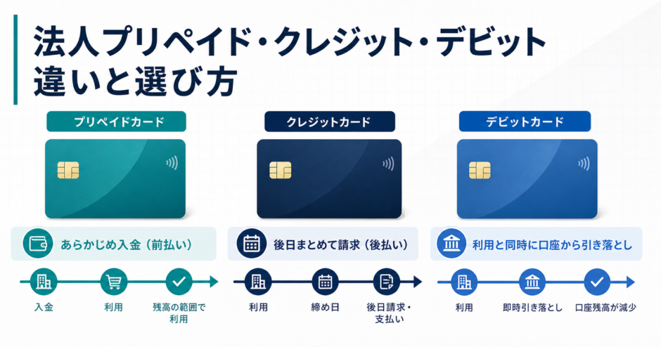 法人プリペイド・クレジット・デビットカードの支払時期と選び方を比較するアイキャッチ