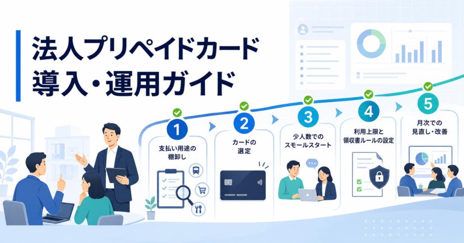 法人プリペイドカードを用途整理から試験導入、利用上限設定、月次改善まで進める5ステップのアイキャッチ