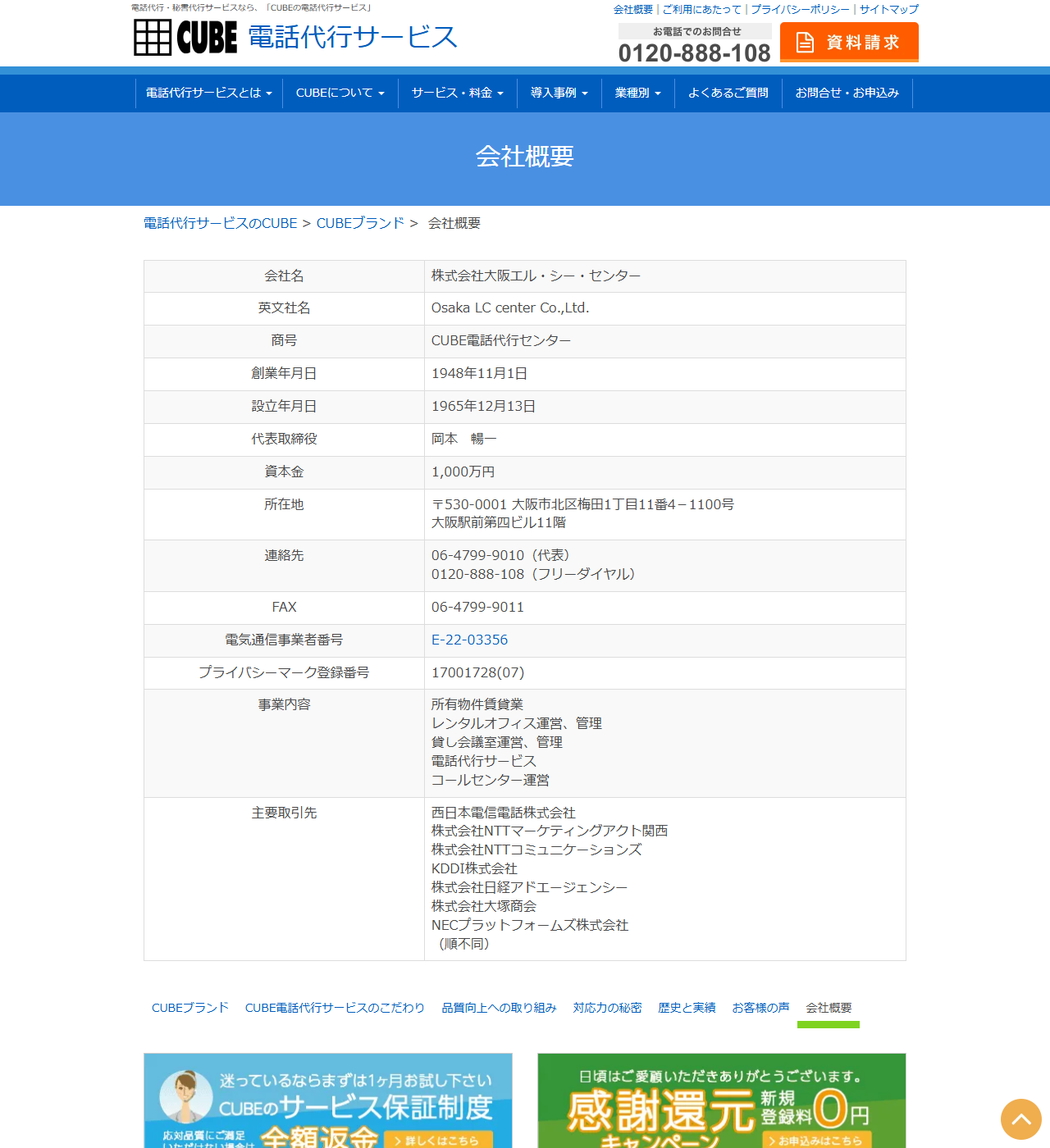 CUBE電話代行サービスの公式会社概要ページのキャプチャ。会社名は株式会社大阪エル・シー・センター、英文社名はOsaka LC center Co.,Ltd.、商号はCUBE電話代行センター、創業年月日1948年11月1日、設立年月日1965年12月13日、代表取締役は岡本暢一、資本金1,000万円、所在地は大阪市北区梅田1丁目11番4-1100号 大阪駅前第四ビル11階、電気通信事業者番号E-22-03356、プライバシーマーク登録番号17001728(07)と記載され、事業内容と主要取引先も一覧になっている