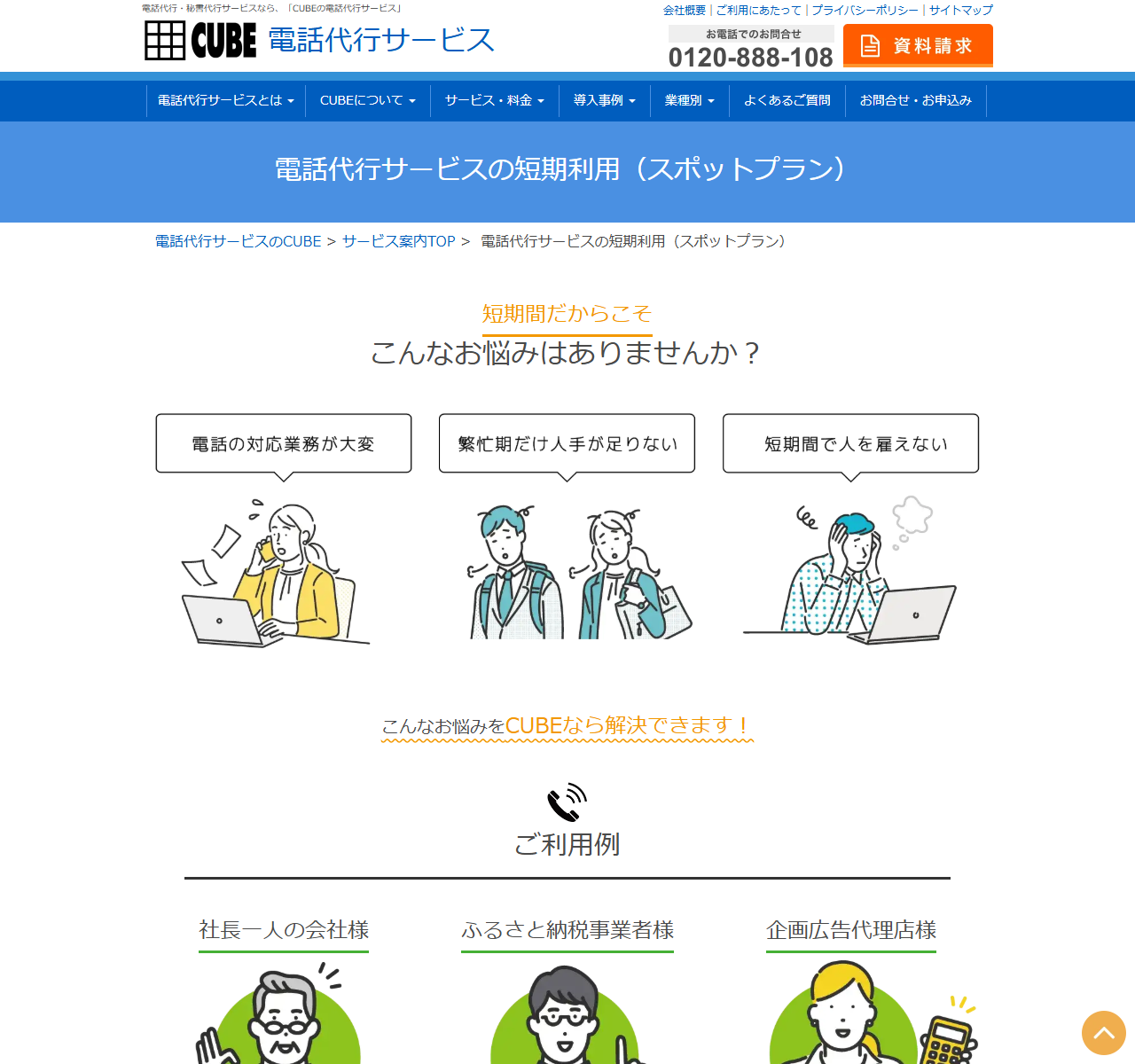CUBE電話代行サービスの公式「電話代行サービスの短期利用（スポットプラン）」ページのキャプチャ。短期間だからこそこんなお悩みはありませんか？という見出しの下に、電話の対応業務が大変、繁忙期だけ人手が足りない、短期間で人を雇えないという3つの悩みがイラスト付きで並び、その下にご利用例として社長一人の会社様、ふるさと納税事業者様、企画広告代理店様が示されている