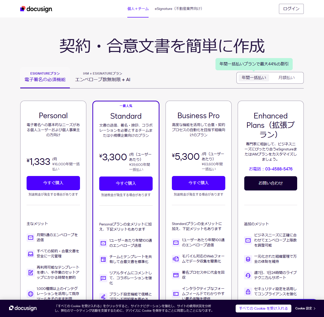 Docusign eSignatureの料金プランページの画面キャプチャ。Personalが月1,333円で年間一括払い16,000円・月間5通のエンベロープ送信、Standardが月3,300円ユーザーあたりで年間一括払い39,600円・1ユーザーあたり年間100通、Business Proが月5,300円ユーザーあたりで年間一括払い63,600円・1ユーザーあたり年間100通と並び、年間一括払いプランで最大44%の割引との表示がある