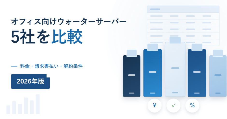 オフィス向けウォーターサーバー5社比較のイメージ。料金・請求書払い・解約条件を比較する2026年版の見出しと、5台のウォーターサーバーが並んでいる