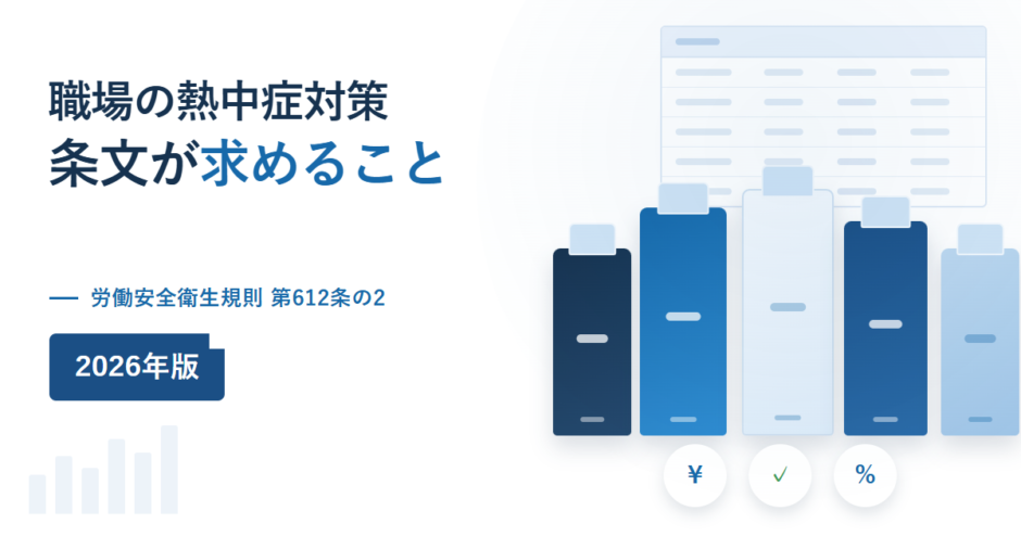 職場の熱中症対策を示すイメージ。条文が求めることという見出しと、労働安全衛生規則第612条の2という副題、複数のウォーターサーバーが並んでいる