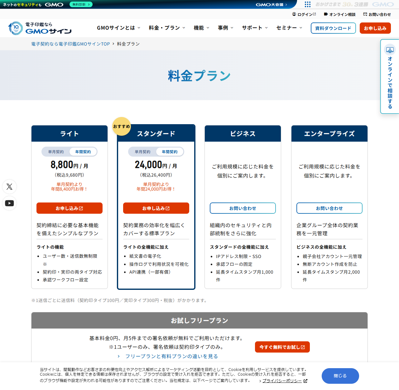 電子印鑑GMOサインの料金プランページの画面キャプチャ。ライトプランが8,800円／月で税込9,680円、単月契約より年間8,400円お得、スタンダードプランが24,000円／月で税込26,400円、年間24,000円お得と並び、ユーザー数・送信数無制限の表示と、1送信ごとに契約印タイプ100円・実印タイプ300円（税抜）の送信料がかかる注記がある