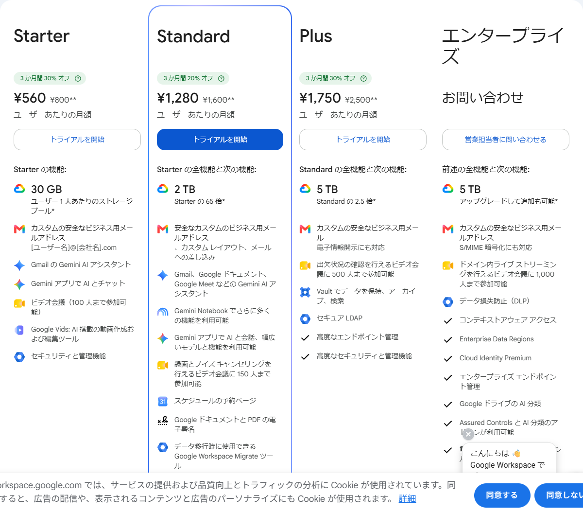 Google Workspaceの料金ページの画面。Starter・Standard・Plus・エンタープライズの4プランのカードに割引後の金額と取り消し線付きの標準料金が並んでいる