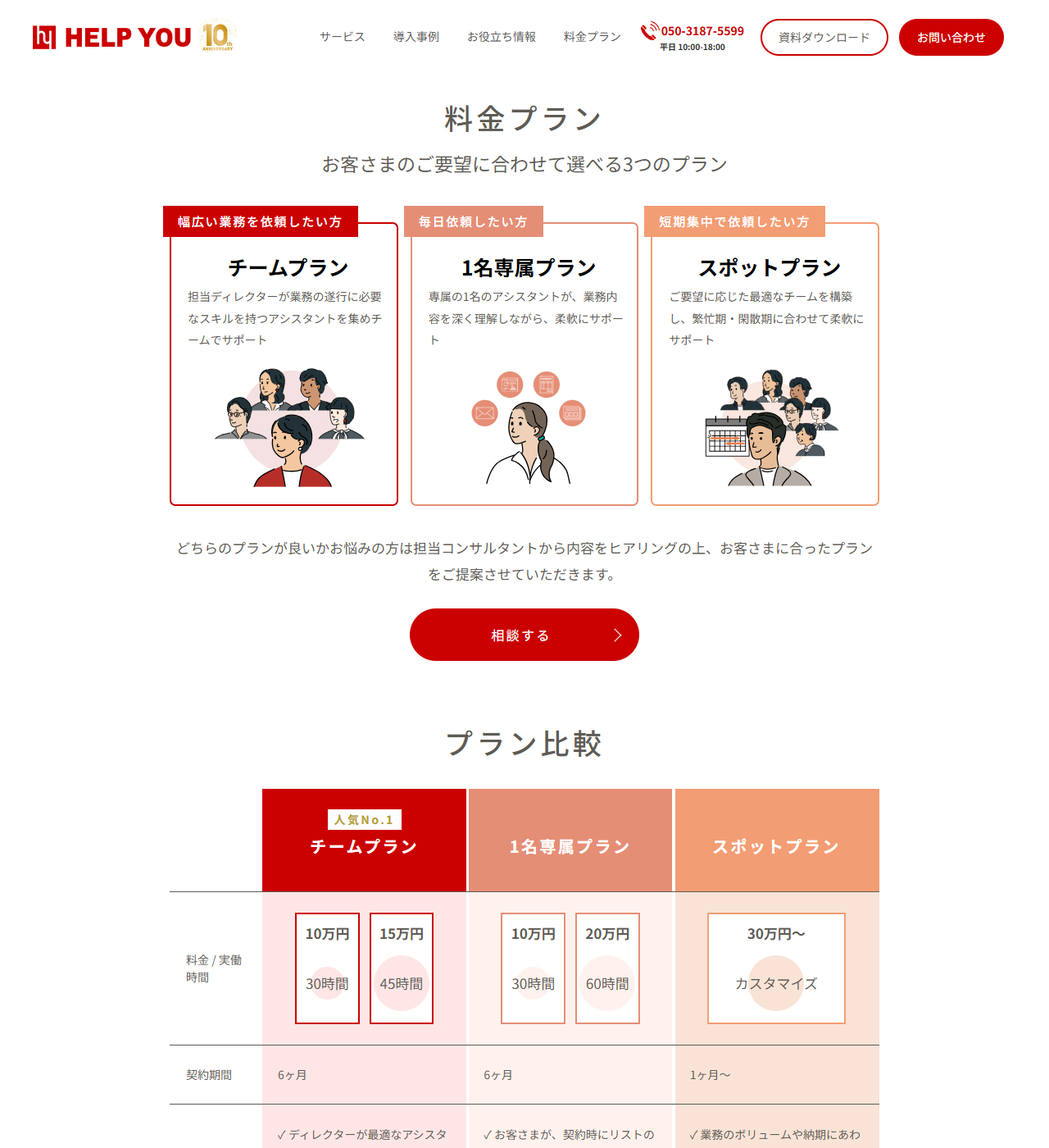 HELP YOUの公式料金プランページのキャプチャ画面。チームプラン・1名専属プラン・スポットプランの3つと、料金・実働時間・契約期間を並べたプラン比較表が表示されている