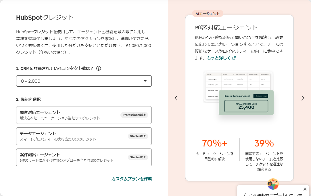 HubSpotの価格ページに掲示されたHubSpotクレジットの説明。1,000クレジット1,080円(年払いの場合)と、顧客対応エージェント50クレジット、データエージェント10クレジット、案件創出エージェント100クレジットという消費量が並んでいる