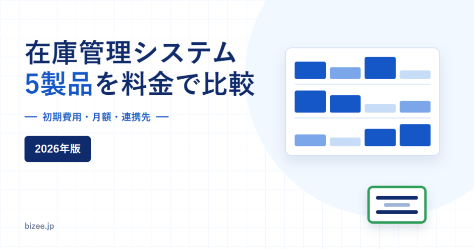 在庫管理システム5製品を料金で比較する記事のアイキャッチ画像。初期費用・月額・連携先という比較軸と2026年版の表記