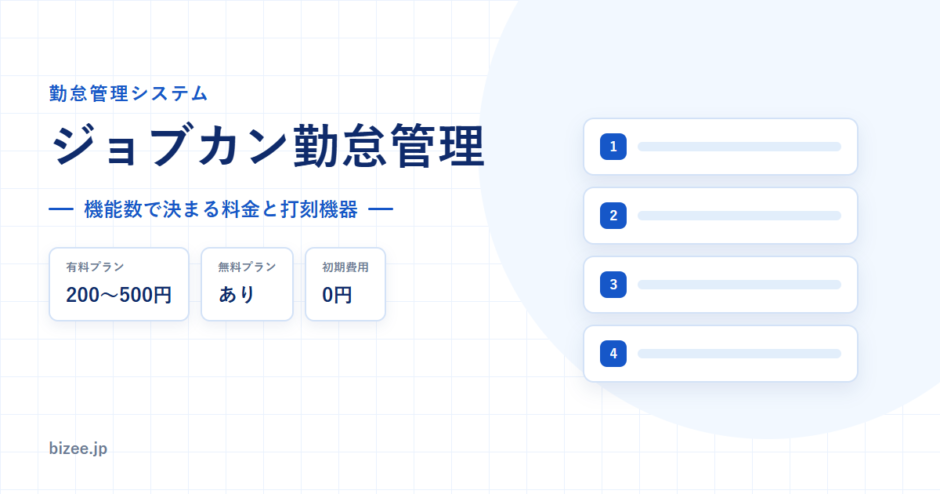 ジョブカン勤怠管理の詳細ページのアイキャッチ。有料プラン200〜500円、無料プランあり、初期費用0円