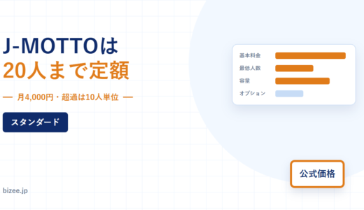 J-MOTTOグループウェアの料金を解説するアイキャッチ。20人まで月4,000円の定額と、超過は10人単位という条件を並べた図
