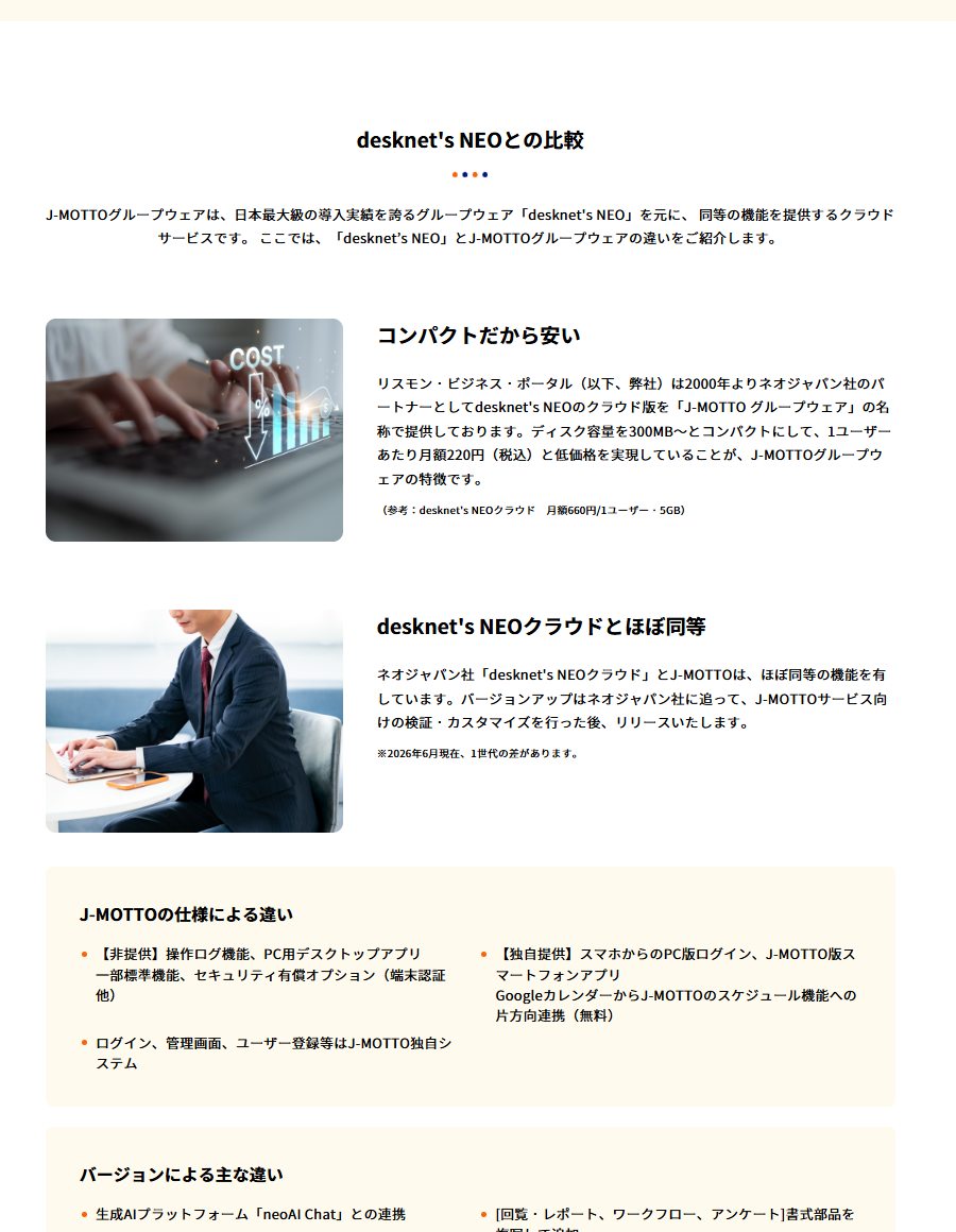 J-MOTTO公式サイトのグループウェアページの画面。desknet's NEOとの比較として、コンパクトだから安い、desknet's NEOクラウドとほぼ同等、J-MOTTOの仕様による違いなどが説明されている
