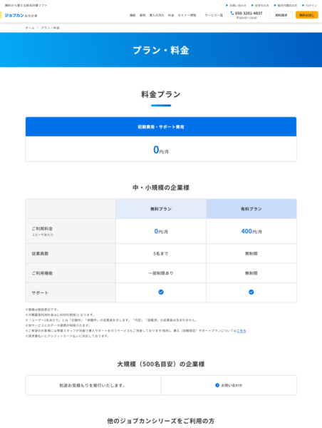 ジョブカン給与計算のプラン・料金ページの公式キャプチャ。無料プランと有料プランの1ユーザあたり料金が並ぶ