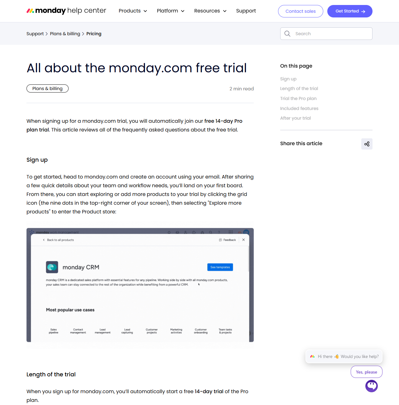 monday.comサポートの「All about the monday.com free trial」の画面。サインアップすると自動的に14日間のProプランの無料トライアルが始まると書かれている