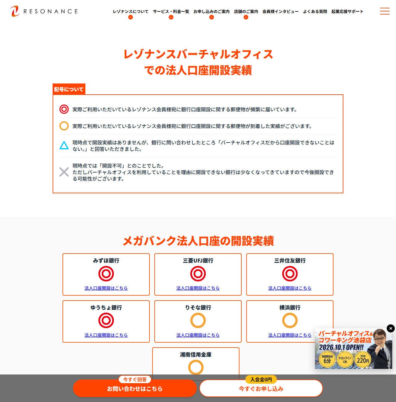 レゾナンスの公式サイトの画面。法人口座開設実績のページに、記号についての凡例として二重丸は銀行口座開設に関する郵便物が頻繁に届いている、丸は郵便物が到着した実績がある、三角は開設実績はないが銀行に問い合わせた回答、バツは現時点では開設不可という4段階の定義が表示されている