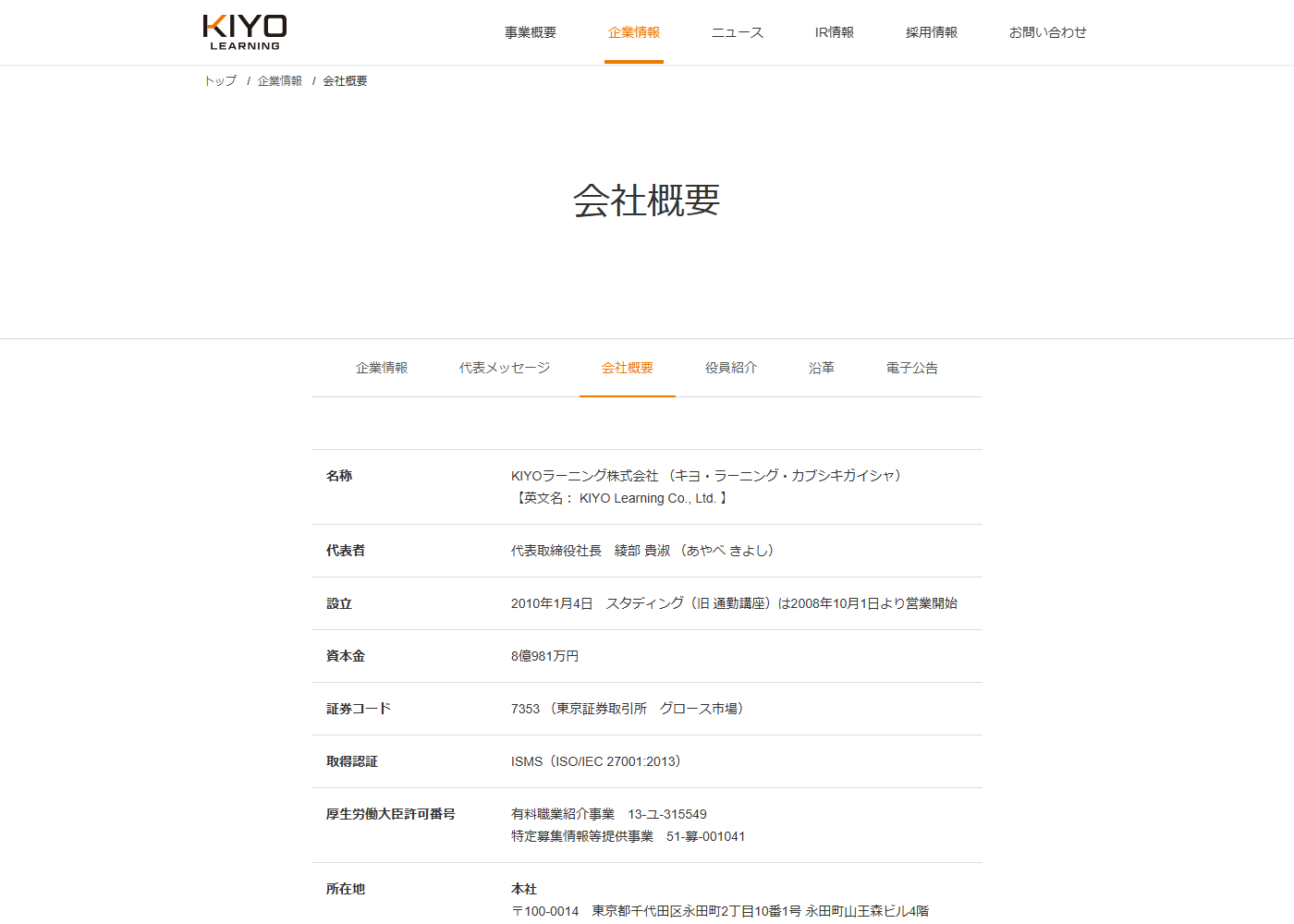KIYOラーニング株式会社の会社概要ページ。名称、代表者、設立2010年1月4日、資本金8億981万円、証券コード7353、取得認証ISMS、所在地が表で並んでいる