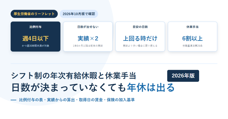 シフト制の年次有給休暇の要点をカードで並べたアイキャッチ。比例付与の対象は週4日以下かつ週30時間未満であること、所定労働日数が出せない場合は実績を2倍すること、目安の日数は実績を上回るときだけ使えること、休業手当は平均賃金の6割以上であることを示している