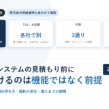 シフト管理システムの見積もり前に決める項目をカードで並べたアイキャッチ。料金の型が4通りあること、「1人」の定義が各社で違うこと、打刻の持ち方が3通りあること、導入期間が即日から3か月まで幅があることを示している