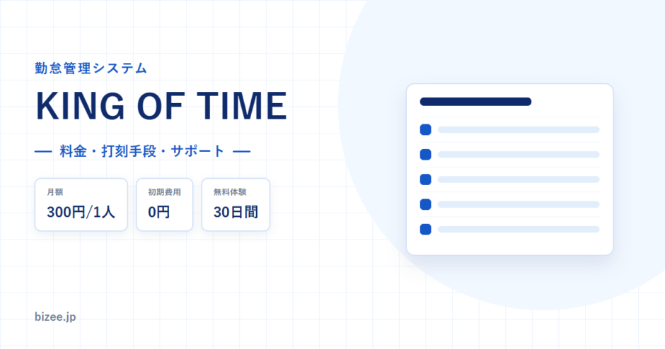 KING OF TIMEの詳細ページのアイキャッチ。月額300円1人、初期費用0円、無料体験30日間