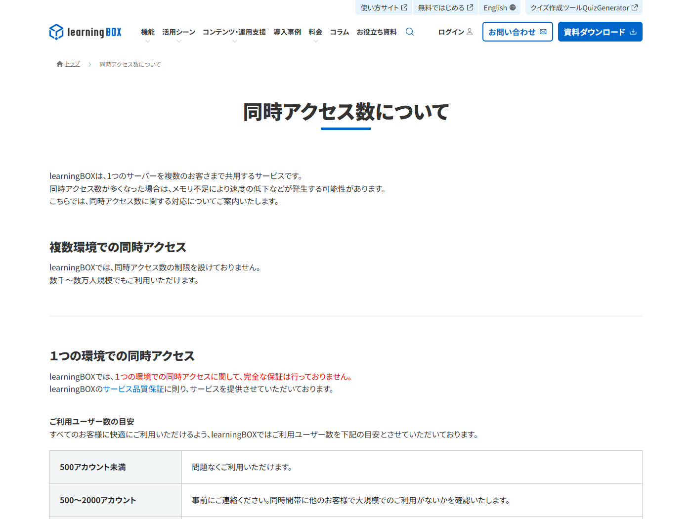 learningBOXの同時アクセス数についての案内ページ。複数環境での同時アクセスに制限がないこと、1つの環境では完全な保証を行わないこと、ご利用ユーザー数の目安が500アカウント未満・500〜2000アカウント・2000アカウント以上に分けて表で示されている