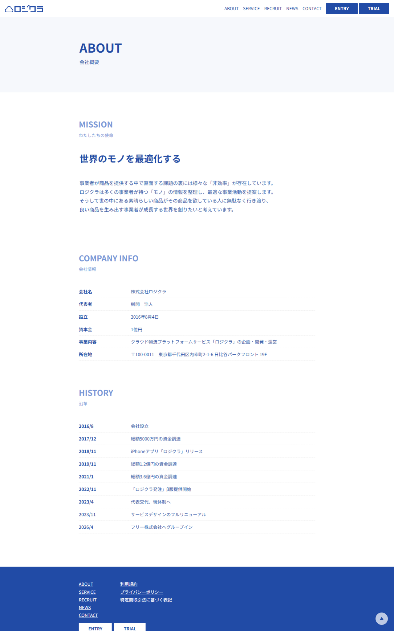 株式会社ロジクラの運営会社サイトの会社概要ページのキャプチャ。会社名は株式会社ロジクラ、代表者は榊間浩人、設立は2016年8月4日、資本金は1億円、事業内容はクラウド物流プラットフォームサービス「ロジクラ」の企画・開発・運営、所在地は東京都千代田区内幸町2-1-6 日比谷パークフロント19Fと表示され、沿革には2016/8の会社設立から2026/4のフリー株式会社へグループインまでが並んでいる