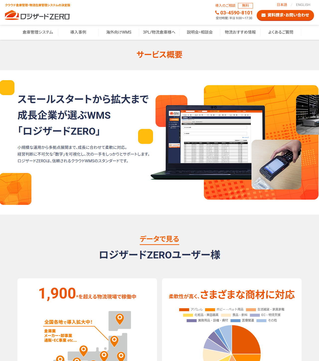 ロジザードZEROのサービス概要ページのキャプチャ。「スモールスタートから拡大まで 成長企業が選ぶWMS『ロジザードZERO』」という見出しと、管理画面を表示したノートパソコンとハンディターミナルを操作する手の写真が並び、下に「データで見る ロジザードZEROユーザー様」として1,900を超える物流現場で稼働中という数字と、アパレル・ホビー・ペット用品・生活雑貨などの取扱商材の内訳円グラフが表示されている