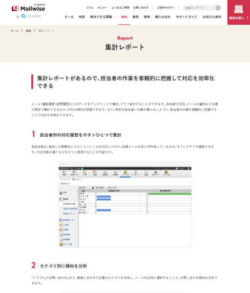 メールワイズの集計レポート機能ページの画面キャプチャ