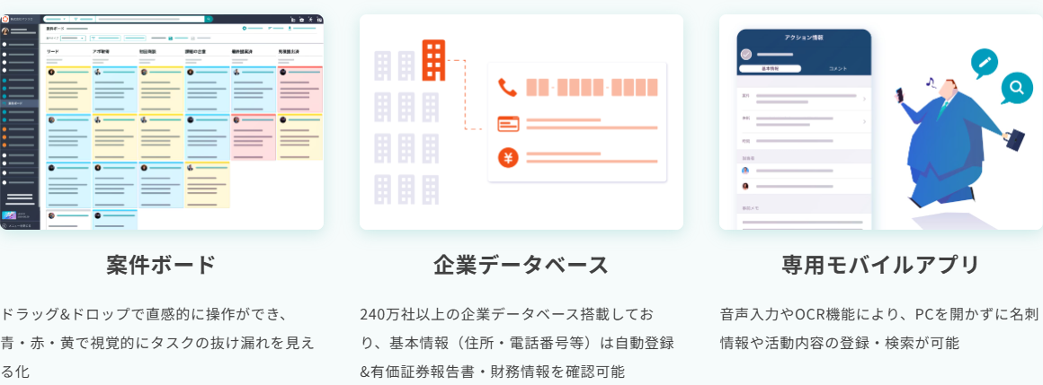 Mazrica Salesの機能ページ。案件ボード、240万社以上の企業データベース、音声入力やOCRに対応した専用モバイルアプリが紹介されている