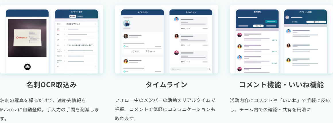 Mazrica Salesの機能ページ。名刺OCR取込み、タイムライン、コメント機能・いいね機能が並んでいる
