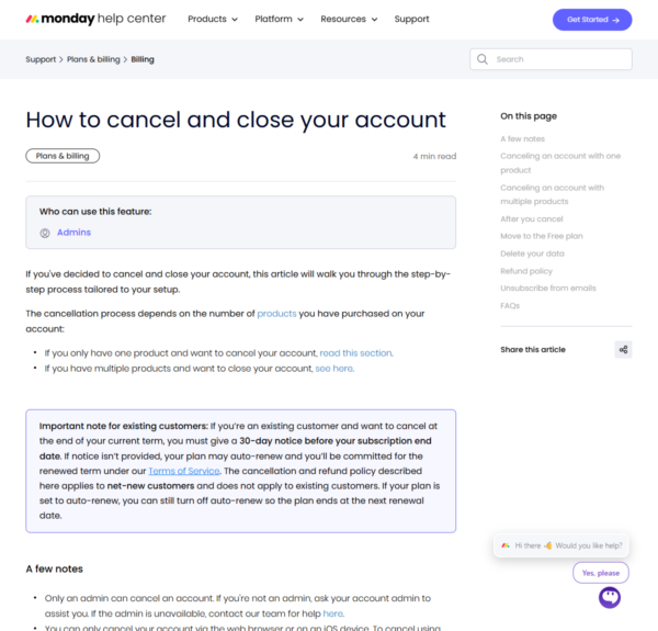 monday.comサポートの「How to cancel and close your account」の画面。既存顧客はサブスクリプション終了日の30日前までに通知が必要で、通知がない場合は自動更新される可能性があると書かれている