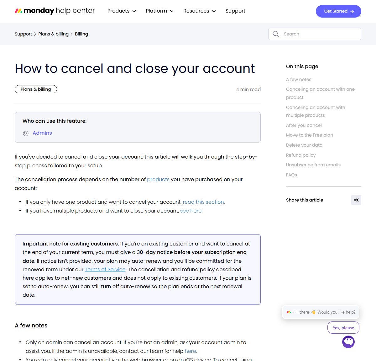monday.comサポートの「How to cancel and close your account」の画面。既存顧客はサブスクリプション終了日の30日前までに通知が必要で、通知がない場合は自動更新される可能性があると書かれている