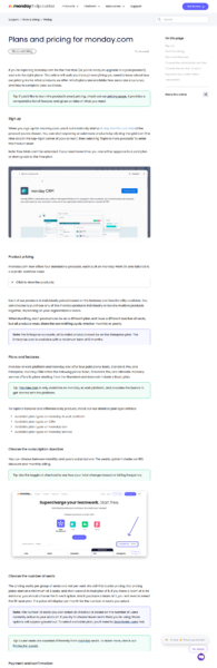 monday.comサポートの「Plans and pricing for monday.com」の画面。料金はシートのグループ単位で決まるバケット課金であること、最小3シートから5の倍数で上がることが書かれている