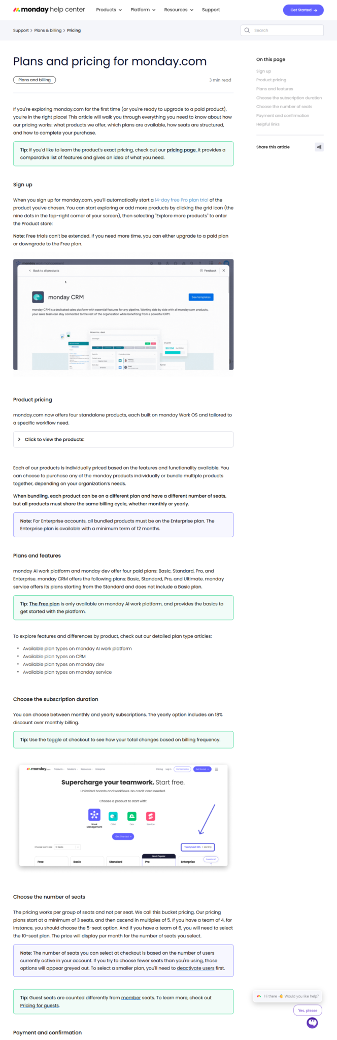 monday.comサポートの「Plans and pricing for monday.com」の画面。料金はシートのグループ単位で決まるバケット課金であること、最小3シートから5の倍数で上がることが書かれている