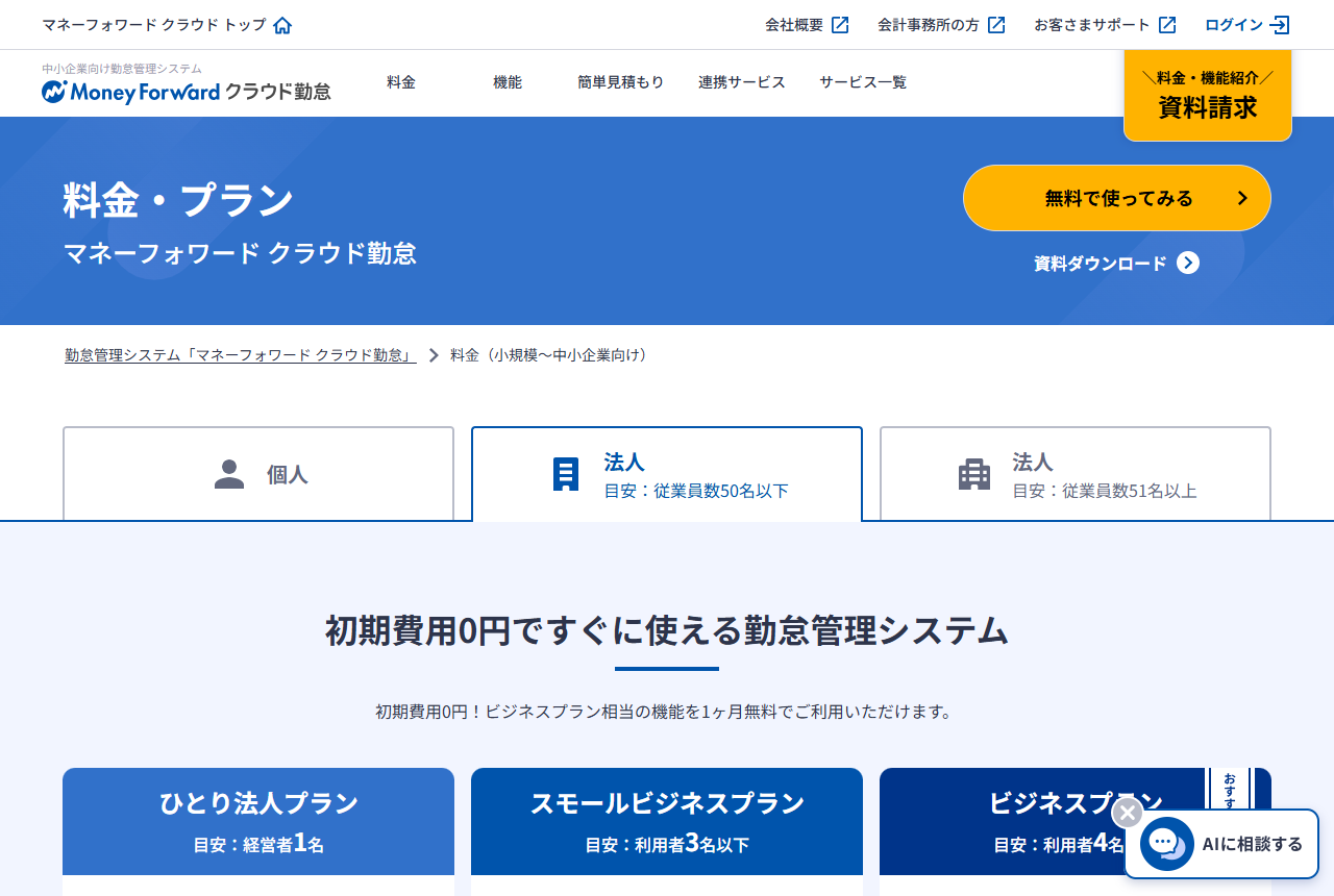 マネーフォワード クラウド勤怠の料金プランページ。ひとり法人・スモールビジネス・ビジネスの3プランが表示されている