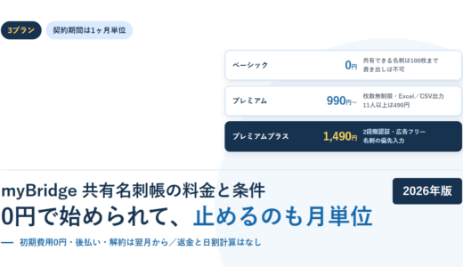 myBridge 共有名刺帳の料金と条件｜0円プランと1ヶ月単位の契約、ただし解約しても日割計算はなし【2026年】