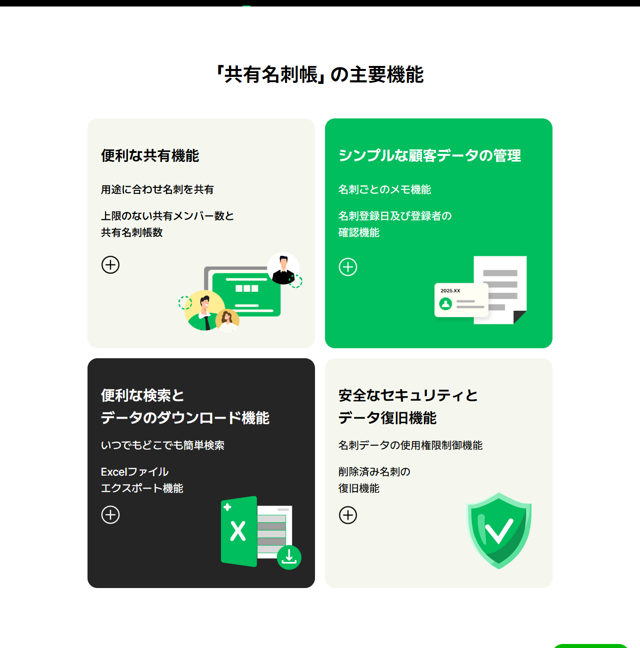 myBridge共有名刺帳の主要機能の掲示。便利な共有機能、シンプルな顧客データの管理、便利な検索とデータのダウンロード機能、安全なセキュリティとデータ復旧機能の4つが並んでいる