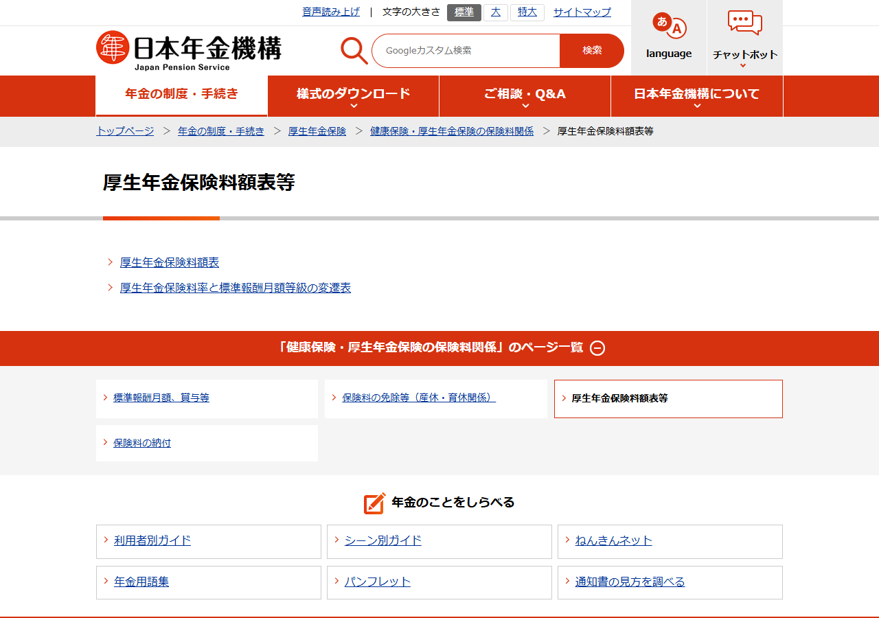 日本年金機構の厚生年金保険料額表等のページ。厚生年金保険料額表と、保険料率および標準報酬月額等級の変遷表が掲載されている