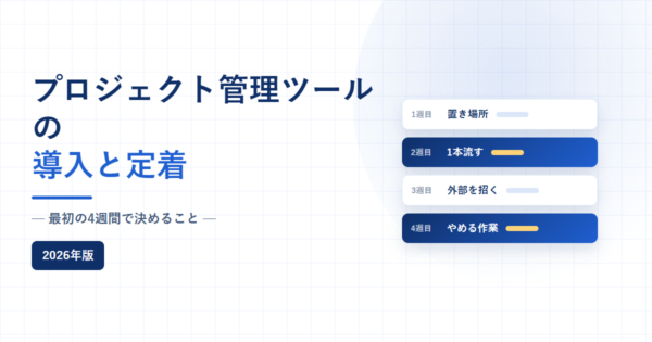 プロジェクト管理ツールの導入と定着、最初の4週間で決めること、2026年版と書かれたアイキャッチ画像。白地に淡い青のグリッドを敷き、右側に1週目から4週目までの作業カードを縦に並べている