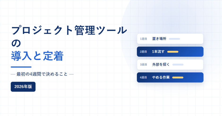 プロジェクト管理ツールの導入と定着、最初の4週間で決めること、2026年版と書かれたアイキャッチ画像。白地に淡い青のグリッドを敷き、右側に1週目から4週目までの作業カードを縦に並べている