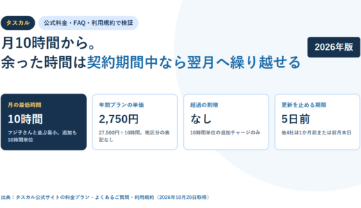 タスカルの料金と条件｜月10時間から始められ、余った時間は契約期間中なら繰り越せる【2026年】